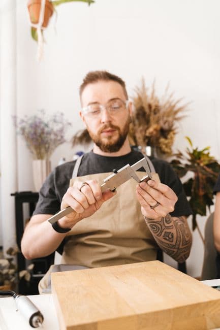 A carpenter in an apron checks a wooden part with a caliper next to a thick butcher block blank